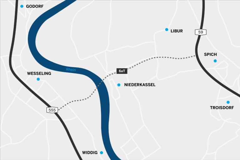 Die Karte zeigt die Vorzugsvariante von einem neuen Autobahnknoten an der A555 bei der Anschlussstelle Wesseling (W2) zu einem neuen Autobahnknoten an der A59 in Höhe der Spicher Seen (O3).