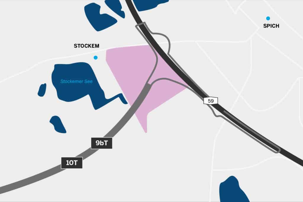 Karte zeigt die Variante 10T und 9bT und die Überschneidungen mit dem geplanten interkommunalen Gewerbegebiet.
